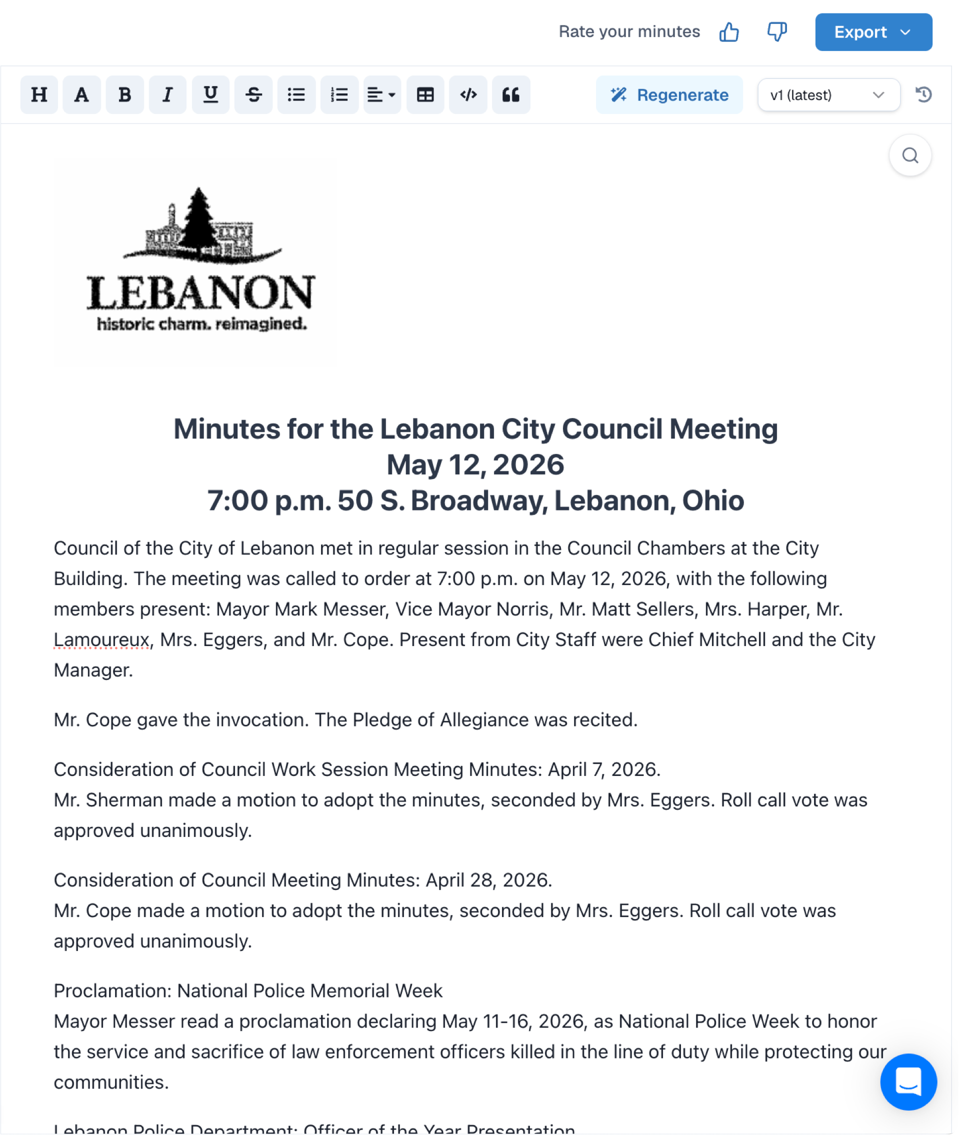MinutesGenerator city council minutes editor