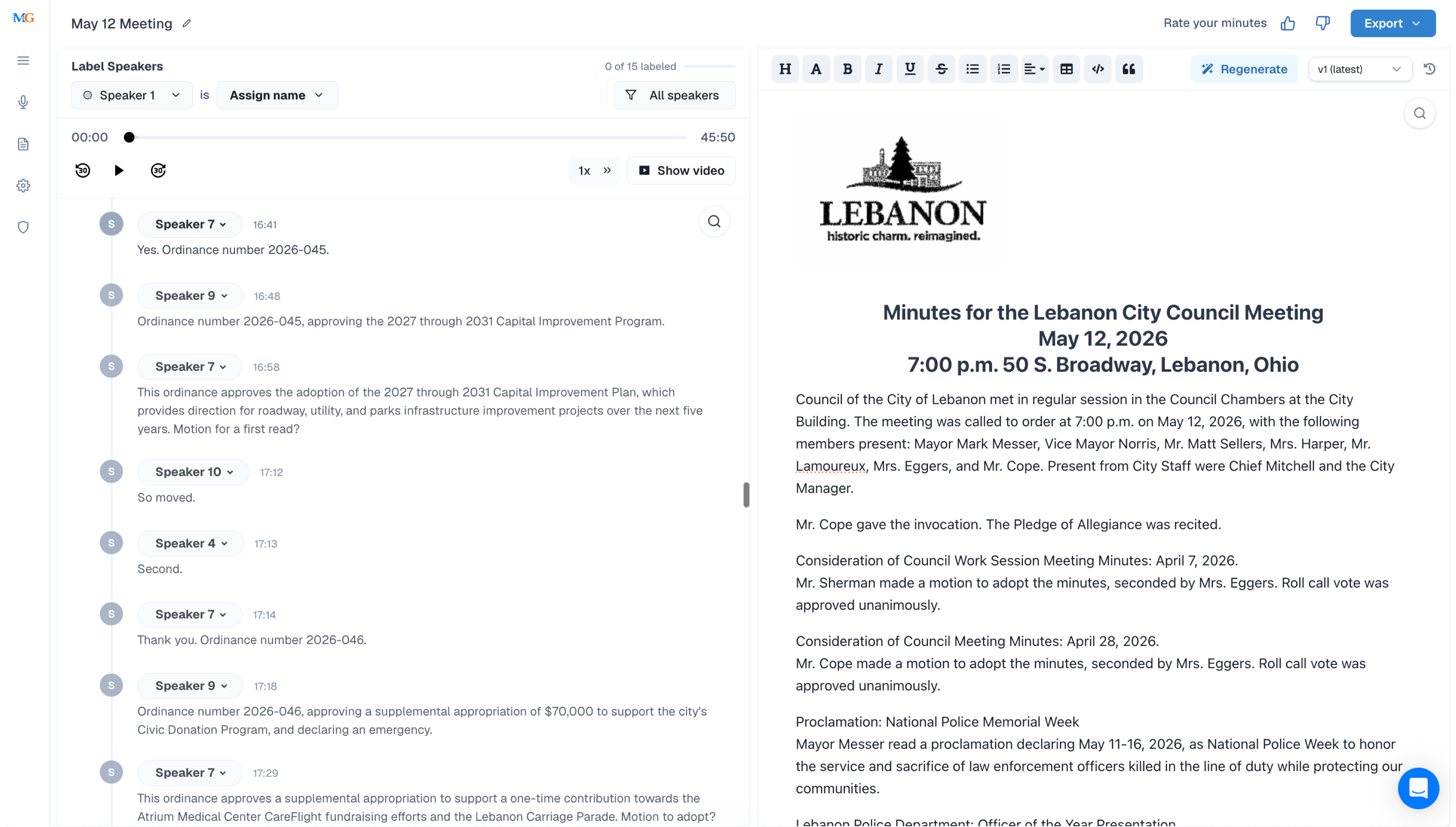 MinutesGenerator transcript and city council minutes editor